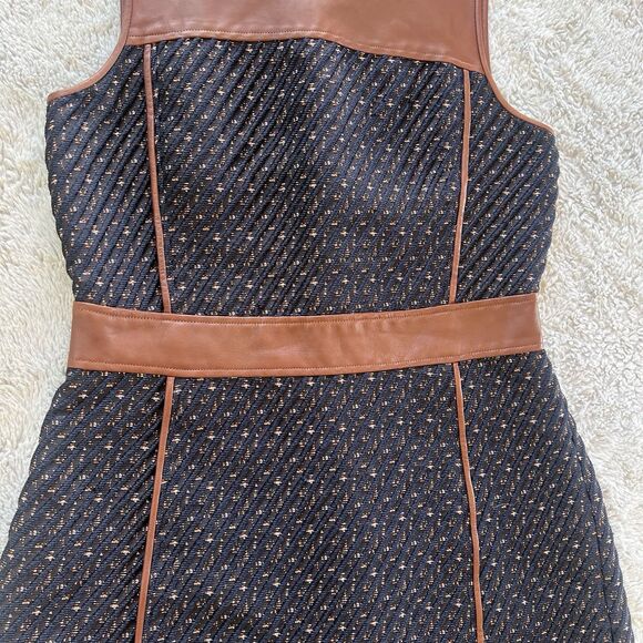 Theory CalvinoDress Sleeveless Mix Media Lamb Leather Tweed Navy Brown Size 10 - Picture 5 of 10